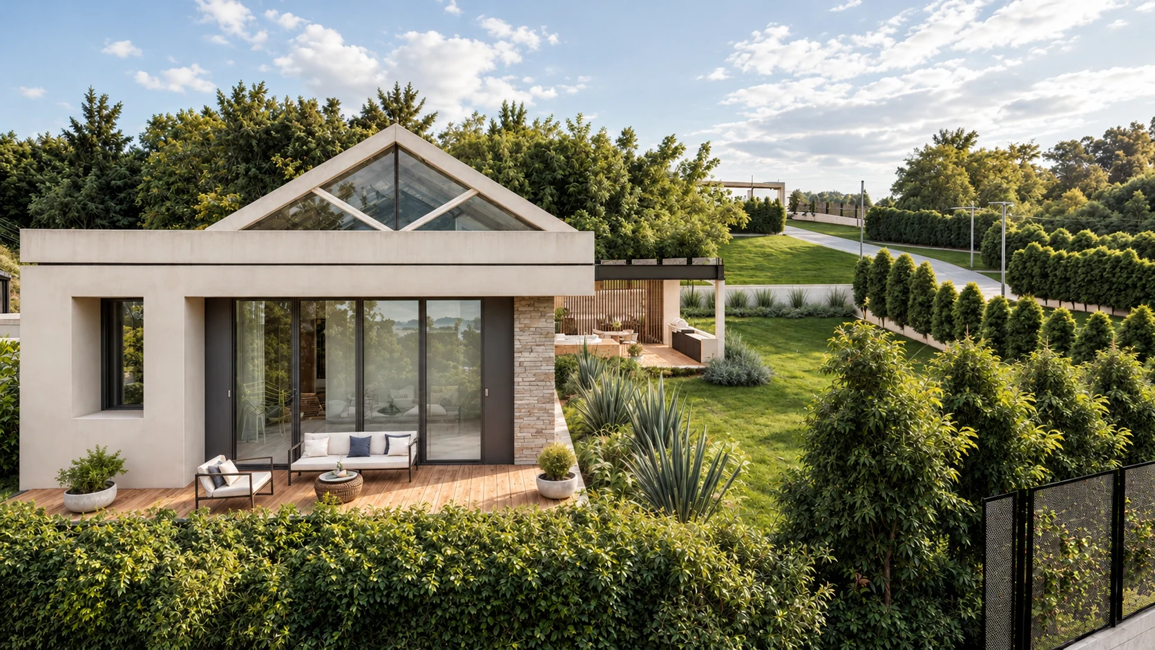 Propuesta de vivienda con terraza de estar y jardín lateral